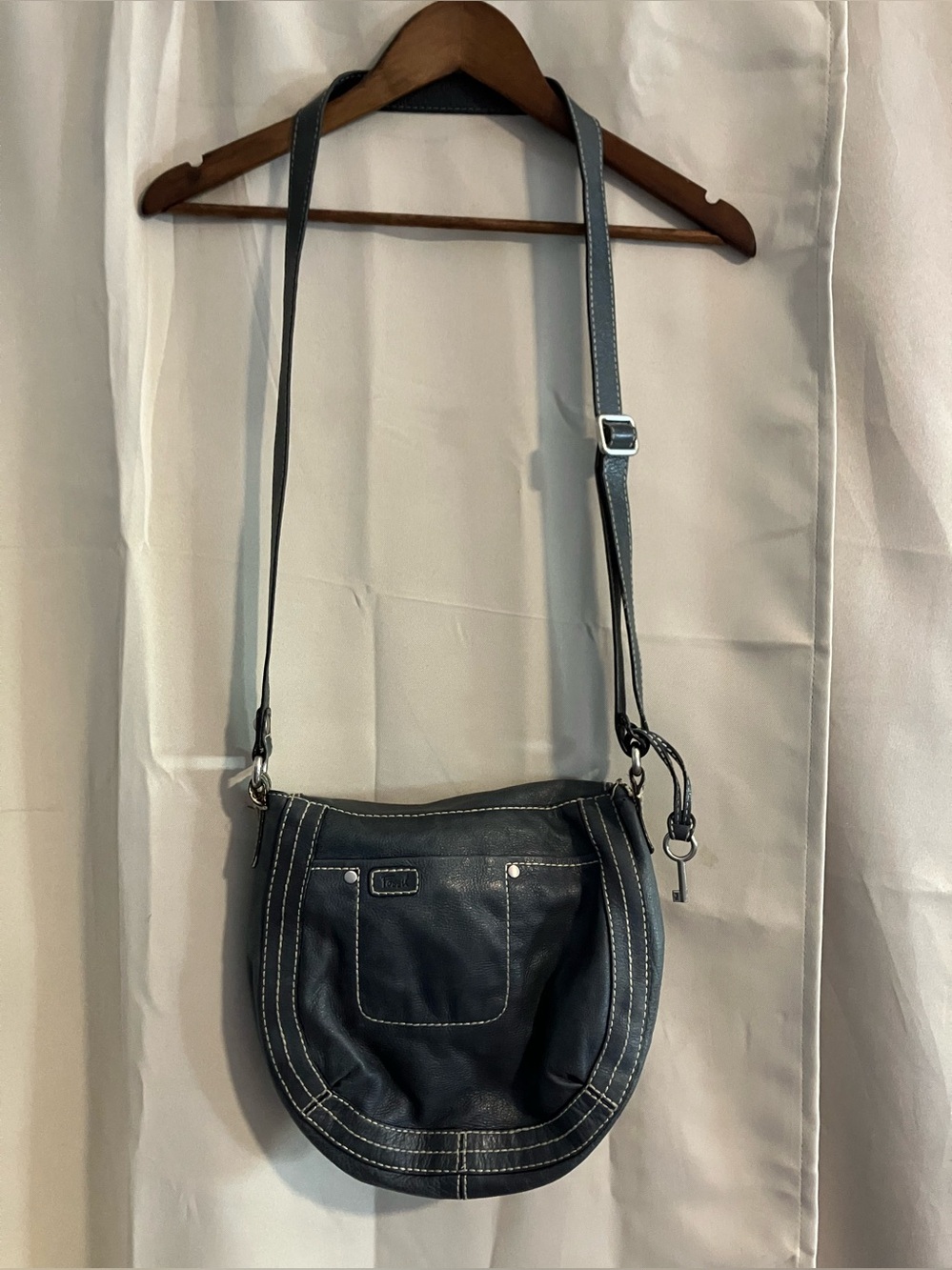 Fossil Matte Teal Blue Leather-Like Crossbody Bag with White Stitching